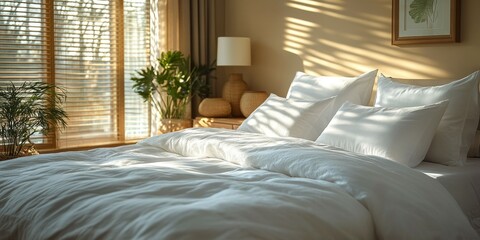 Cama acogedora en la ma&ntilde;ana, el sol penetra por la ventana.