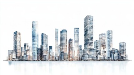 Obraz premium Modern urban panorama featuring tall residential and office towers, isolated on white background