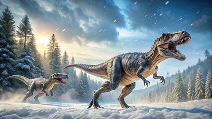 Fototapeta premium Dramatic image of two Allosaurus hunting in snowy landscape