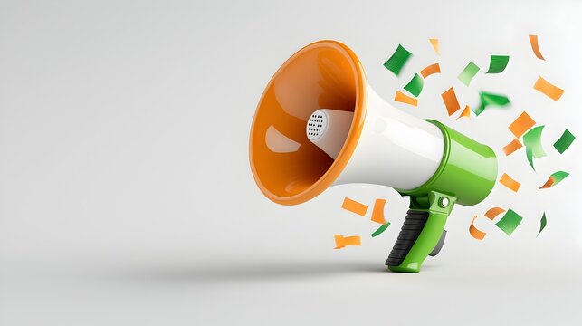 Glossy and sleek 3D megaphone device projecting a clear marketing message on a clean white background  Concept for business promotion advertising product announcement or corporate branding