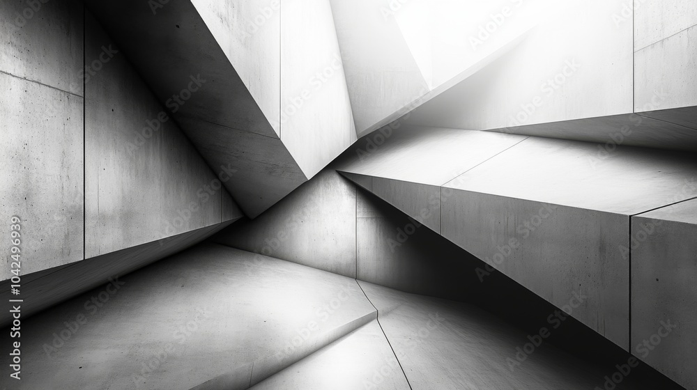 Poster The image showcases a minimalist interior with sharp concrete angles creating dynamic lines and interplay of light and shadow in a modern architectural design.