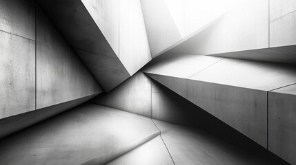 The image showcases a minimalist interior with sharp concrete angles creating dynamic lines and interplay of light and shadow in a modern architectural design.