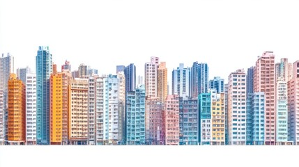 Fototapeta premium Panorama of tall apartment and office buildings in a vibrant city, isolated on white background