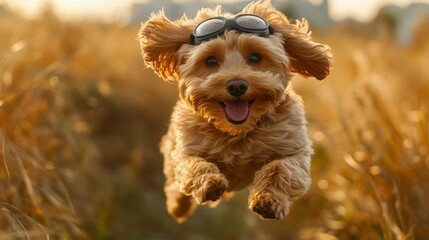 Perro Yorkshire disfrazado de súper héroe volando de un salto con cara humorística como si estuviera riendo.

