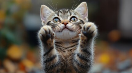 Obraz premium Gato gracioso y humorístico con sus dos patitas levantadas y una mirada muy tierna. Concepto de gatitos.