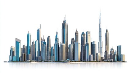 Panoramic city view featuring iconic high-rise buildings and corporate towers, isolated on white background