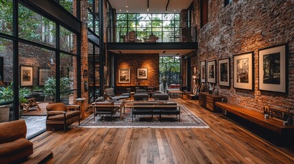 A Spacious Living Room with Exposed Brick Walls, Wooden Floors, and Modern Furniture