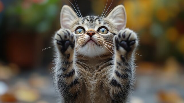 Gato gracioso y humor&iacute;stico con sus dos patitas levantadas y una mirada muy tierna. Concepto de gatitos.