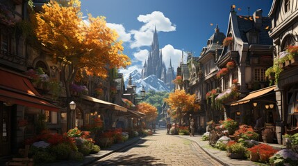A Charming Medieval Cityscape with a Majestic Mountain in the Background