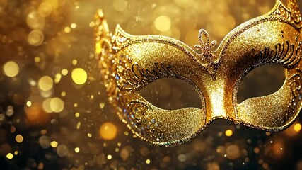 A golden masquerade mask hangs against a backdrop of sparkling lights