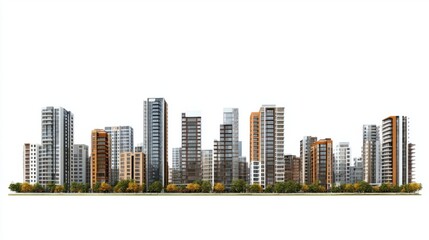 Fototapeta premium Panoramic city view of modern apartment complexes and office towers, isolated on white background
