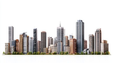Panoramic city view of modern residential towers and commercial buildings, isolated on white background