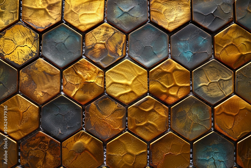 Poster colorful hexagonal tiles arranged in a geometric pattern displaying various textures and shades of g