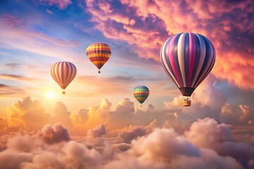 Obraz premium Dreamy scene with hot air balloons floating through soft pink clouds at sunset exuding tranquility and wonder