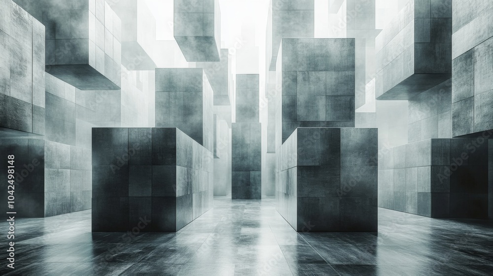 Poster Concrete blocks of various sizes create an abstract composition within a misty environment, enhanced by striking lighting effects that accentuate their textures.