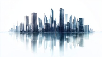 Panoramic cityscape with tall, reflective buildings in a modern business district, isolated on white background