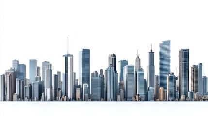 Fototapeta premium Panoramic skyline of contemporary city high-rises and tall buildings, isolated on white background
