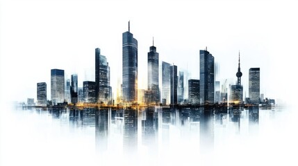 Panoramic skyline of sleek office and residential towers, isolated on white background