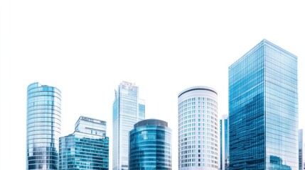 Fototapeta premium Panoramic urban landscape of business district towers and corporate buildings, isolated on white background