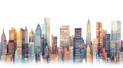 Fototapeta premium Panoramic view of a dense city skyline with skyscrapers and office buildings, isolated on white background