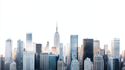 Fototapeta premium Panoramic view of a dense city skyline with skyscrapers and office buildings, isolated on white background