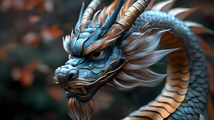 A detailed, mythical dragon sculpture with vibrant colors and textures.