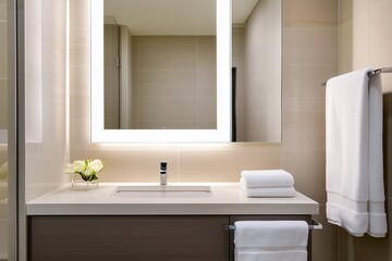 Fototapeta premium A sleek, modern bathroom featuring a lighted mirror, minimalistic decor, and neatly arranged towels, emphasizing cleanliness and elegance.