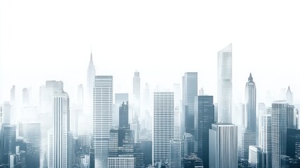 Fototapeta premium Panoramic view of modern skyscrapers in a dense urban landscape, isolated on white background