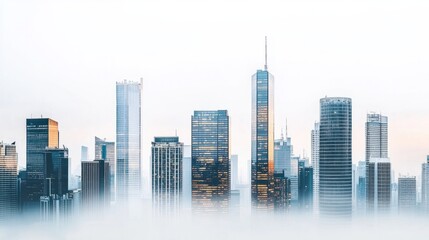 Obraz premium Panoramic view of modern skyscrapers in a dense urban landscape, isolated on white background