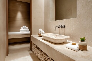 Fototapeta premium A modern, serene bathroom featuring a stone sink, minimalistic design, and neatly arranged towels, evoking relaxation and tranquility.