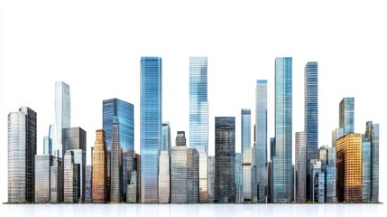 Panoramic view of modern skyscrapers with reflective glass windows, isolated on white background