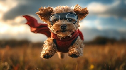 Súper perro, perrillo imitando a un superhéroe en el aire, fotografía saltando y feliz ante las cámaras cinematográficas.

