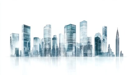 Panoramic view of modern skyscrapers with reflective glass windows, isolated on white background