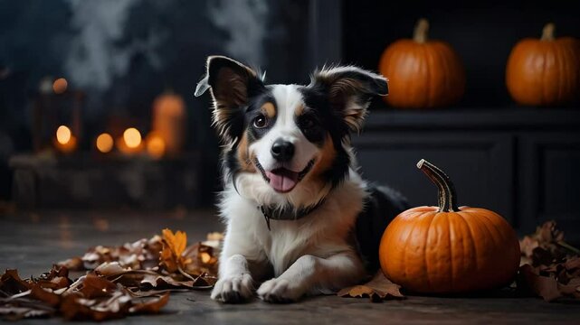 Happy and Adorable Border Collie Dog Smiling Next to a Bright Orange Pumpkin in a Cozy Fall Setting