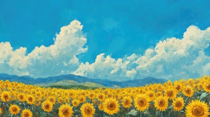 Fototapeta premium A vibrant field of sunflowers beneath a radiant blue sky, celebrating the warmth and joy of summer's peak