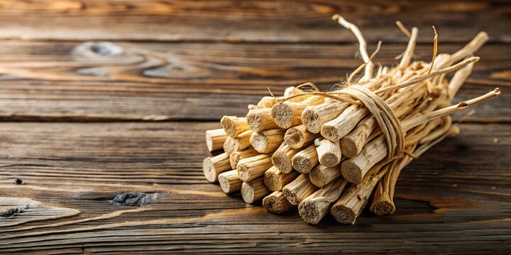 Dried marshmallow root on wooden background