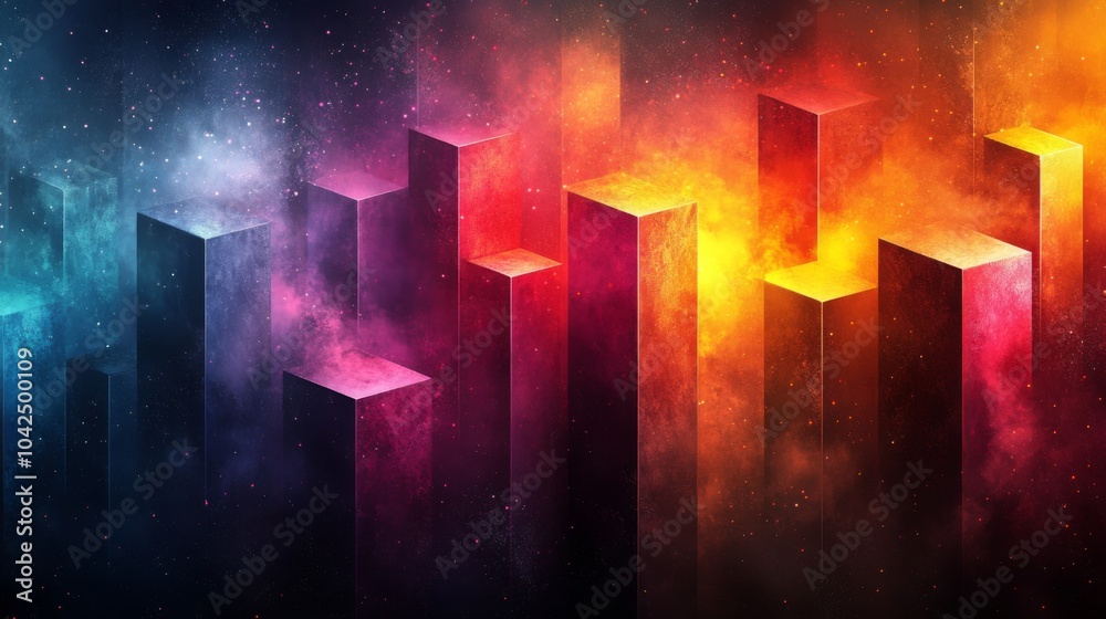 Poster this artwork showcases a stunning arrangement of tall geometric shapes in various hues, blending sea