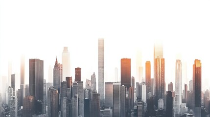 Fototapeta premium Panoramic view of urban skyline with towering business district buildings, isolated on white background