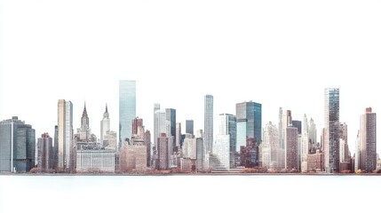 Obraz premium Panoramic view of urban skyline with towering business district buildings, isolated on white background