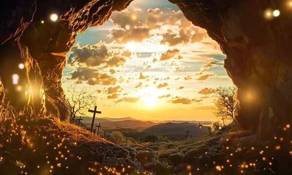 An empty tomb with a crucifixion scene silhouetted against the sunrise, symbolizing the resurrection. The early morning light casts a golden glow over the scene