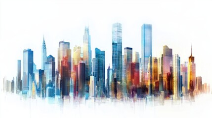 Obraz premium Skyline panorama featuring glass-covered skyscrapers and urban high-rises, isolated on white background