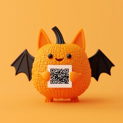 Obraz premium A cute, orange Halloween-themed creature with bat wings holds a QR code, set against a bright orange background.