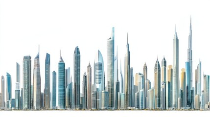 Naklejka premium Wide panorama of futuristic office towers and residential skyscrapers, isolated on white background