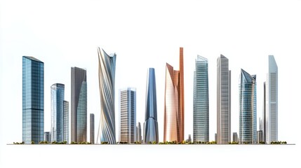 Obraz premium Wide panorama of futuristic office towers and residential skyscrapers, isolated on white background