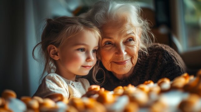 foto tierna de abuela y nieta, cocinando, panecillos, concepto de ternura, familiar y cari&ntilde;o, entre el abuelo y su nieta.