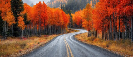 Winding Road Through a Forest of Vibrant Autumn Trees