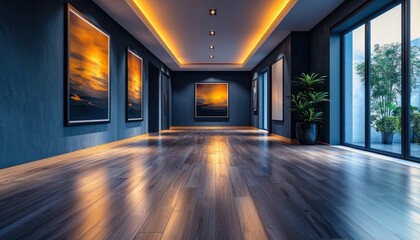 Fototapeta premium Modern Minimalist Interior with Wooden Floor and Sunset Artwork