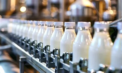 Factory Milk Bottling Line at Dairy Production Plant Glass bottles with a dairy product on a production line, generative ai