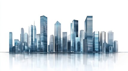 Fototapeta premium Wide panoramic view of glass skyscrapers and high-rise buildings, isolated on white background
