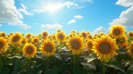 Obraz premium A sea of sunflowers beneath a bright blue sky, their golden blooms representing the joy and vitality of a sunny summer